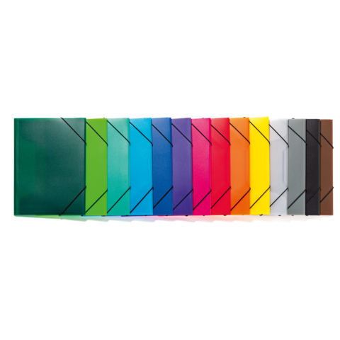 Bunte Ordner in verschiedenen Farben, angeordnet in einer Reihe, von grün über blau, rot bis braun.