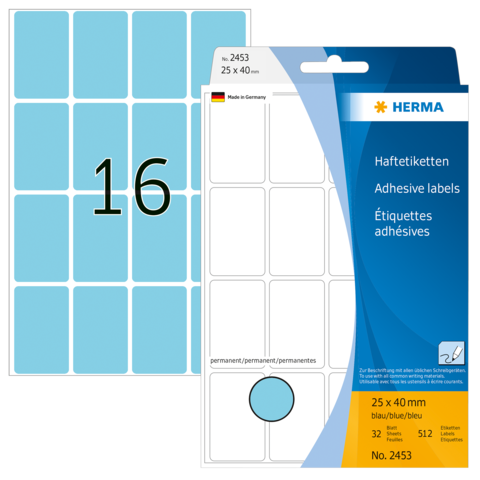 Haftetiketten in einem Pack mit 32 Aufklebern, Größe 25 x 40 mm, auf einer Blisterverpackung. Nummer 2453, hergestellt in Deutschland.