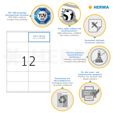 TÜV SÜD confirms trouble-free printing. Contains information on labels with permanent adhesion, chlorine-free bleached, suitable for laser and inkjet printers.