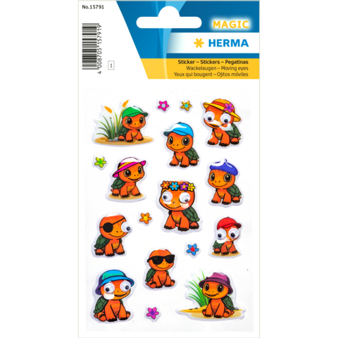 Colorful stickers featuring cartoonish animals, including turtles and birds, wearing hats and depicted in various poses.