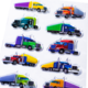 Colorful stickers from trucks in various colors and designs, arranged in two rows.