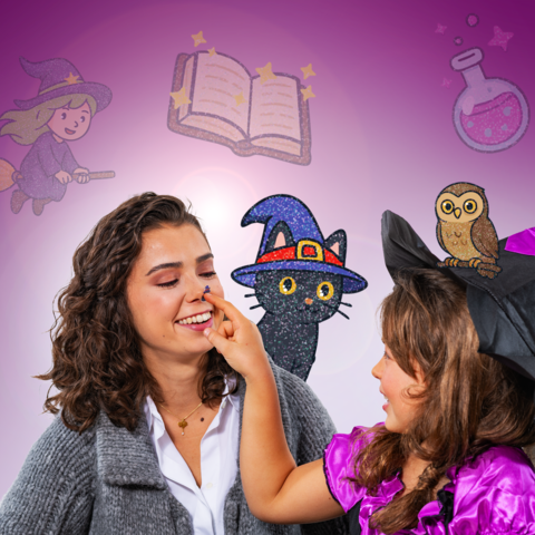 Two women in witch costumes, one wearing a hat, the other holding a book with a cat in the background. Magical elements are visible.