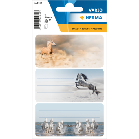 Aufkleber mit drei Pferdemotiven: ein Pferd im Sand, ein galoppierendes Pferd im Wasser und eine Gruppe von Pferden im Nebel.