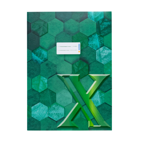 Grünes Notizbuch mit hexagonalem Muster und einem großen, stilisierten "X" auf der Vorderseite. Ein beschriftbares Feld ist ebenfalls vorhanden.