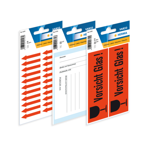 Drei Blätter mit Aufklebern: rote Warnhinweise "Vorsicht Glas!" und Pfeile, sowie ein leeres Adressfeld für Versandetiketten.