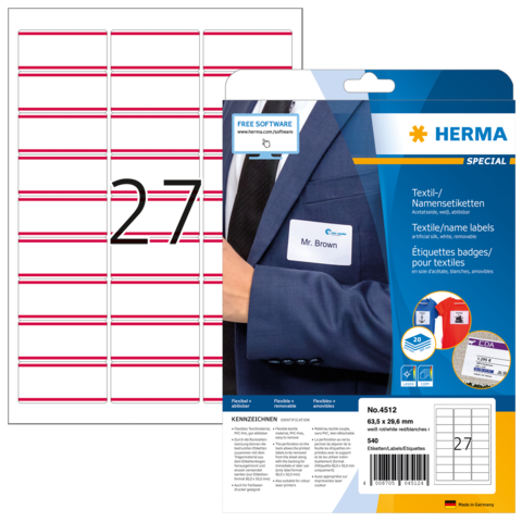 Textil- und Namensetiketten auf einem Verpackungsblatt, mit einem Beispiel für ein Namensschild mit der Aufschrift "Mr. Brown".