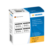 Verpackung mit HERMA-Anlagenummern, 2 x 1000 Stück, nummeriert von 000 bis 999, Größe 15 x 22 mm, hergestellt in Deutschland.