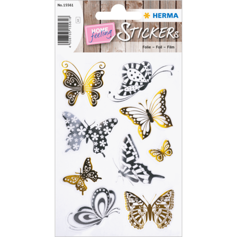 Bunte Schmetterlingsaufkleber in verschiedenen Designs und Farben auf einer Trägerkarte. Ideal für Dekoration und Bastelprojekte.