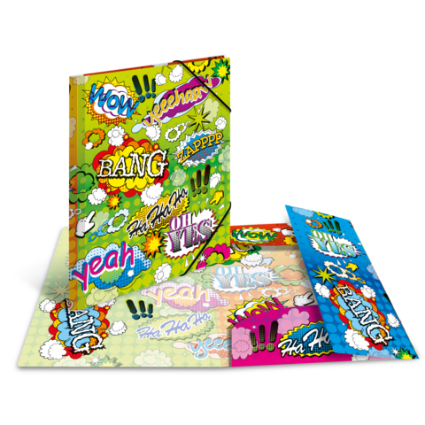 Bunt gestalteter Ordner mit Comic-ähnlichen Aufdrucken und Ausdrücken wie "WOW", "BANG" und "YEAH" in verschiedenen Farben.