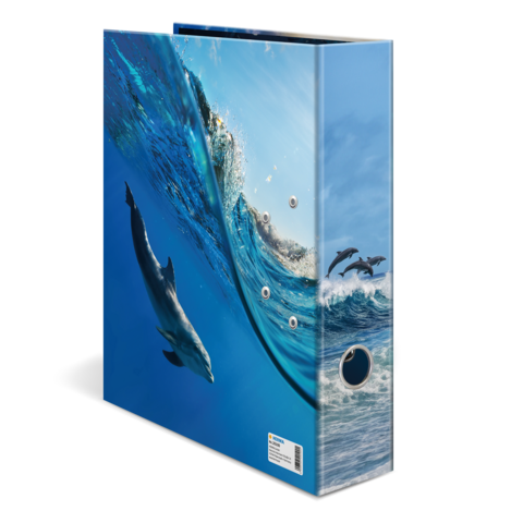 Folder with an image of dolphins jumping over waves against a blue water background.