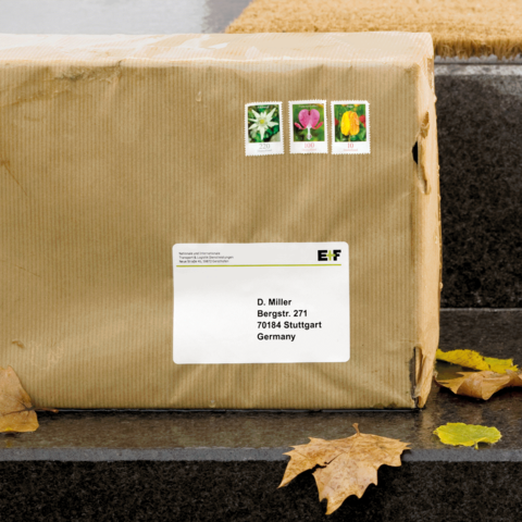 Ein braunes Paket mit Adressaufkleber für D. Miller in Stuttgart, versehen mit drei Briefmarken. Herbstliche Blätter liegen daneben.