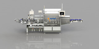 A modern labeling machine with a control panel, designed for industrial applications. It features various components and conveyor belts.
