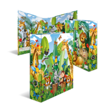 Bunte Tierillustrationen mit Giraffen, Zebras, Vögeln und anderen Tieren in einer lebhaften Dschungelumgebung.