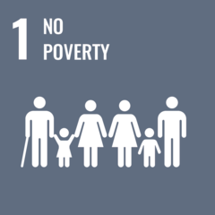 Symbol for the goal 'No Poverty' featuring stylized figures of a family, including an adult with a cane, two adults, and two children.