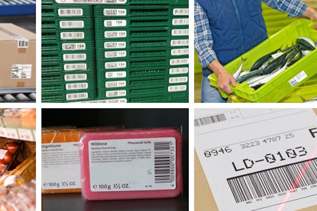 Various packaging and containers with labels, including transport boxes, reusable containers, meat, fruits and vegetables, soap, as well as a logo featuring the letters PPWR and EU stars.