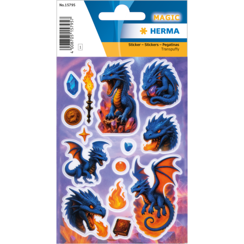 Stickers featuring blue dragons, magical symbols, flames, and a crystal. Includes various designs for creative projects.