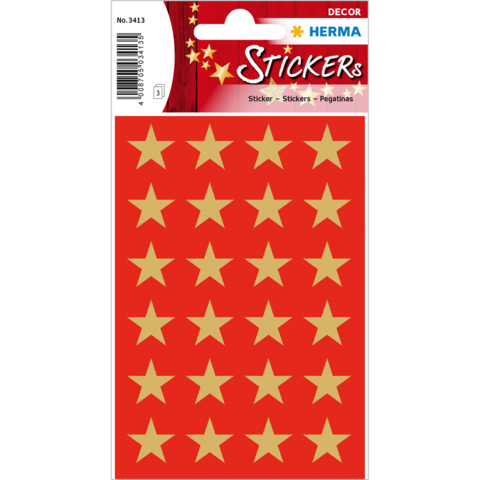 Rote Sticker mit goldenen Sternen in einem 4x5-Raster auf einer Verpackung. Enthält 20 Sterne.