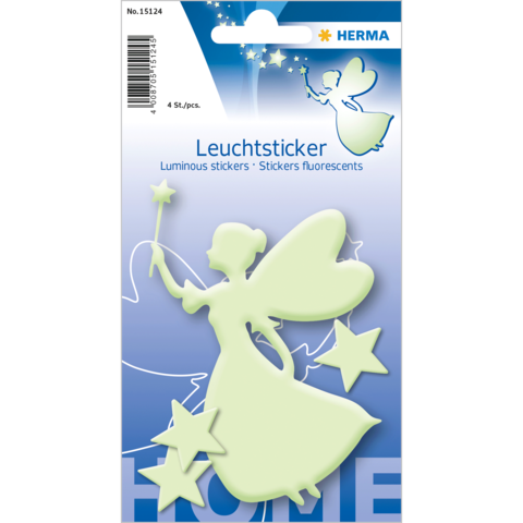 Leuchtende Aufkleber in Form einer Fee und Sternen, verpackt in einer blauen Verpackung mit dem Titel "Leuchtsticker".