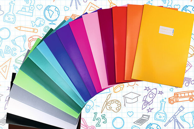 Colorful binders arranged in a semicircle, set against a background featuring various school and office symbols.