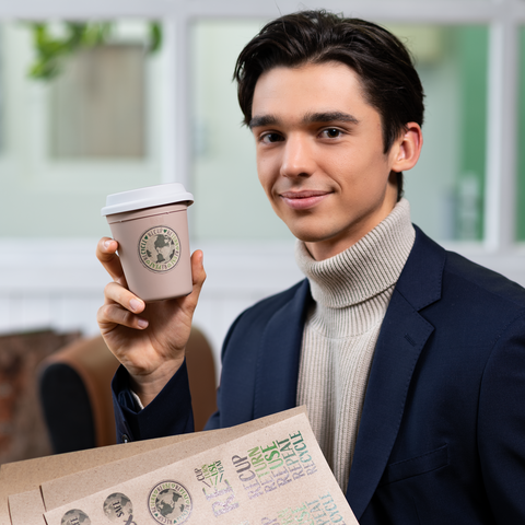 Junger Mann in einem Anzug hält einen Kaffeebecher und lächelt. Im Hintergrund sind unscharfe Möbel und Fenster zu sehen.