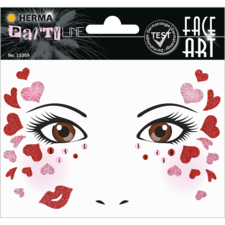 Gesichtsmalset mit braunen Augen, glitzernden Herzen in Rot und Pink sowie Strasssteinen, ideal für festliche Anlässe.
