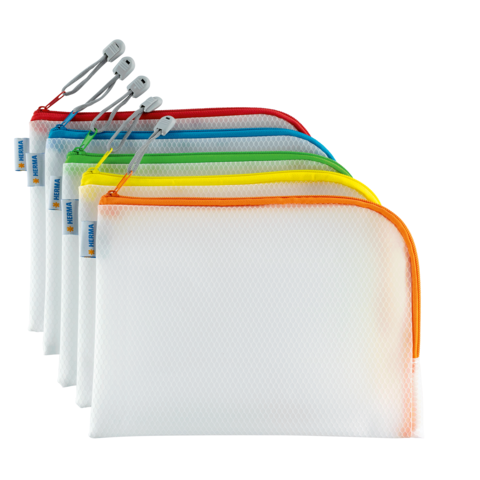 Sechs durchsichtige Taschen in verschiedenen Farben mit Reißverschluss, angeordnet von links nach rechts.
