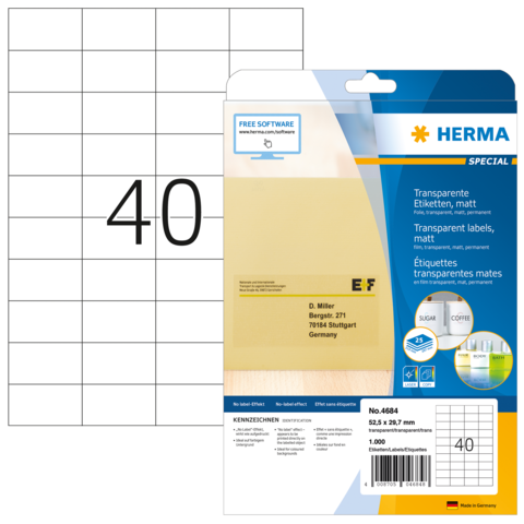 Transparente Etikettenpackung von Herma mit 40 Etiketten, inklusive Anweisungen zur Verwendung und Softwarehinweis.