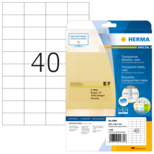 Transparente Etikettenpackung von Herma mit 40 Etiketten, inklusive Anweisungen zur Verwendung und Softwarehinweis.