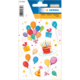 Bunte Aufkleber mit Luftballons, Geschenken und einer Geburtstagstorte, geeignet für Feierlichkeiten und Dekorationen.