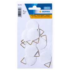 Verpackung mit 10 weißen Aufhängern für Bilder, ausgestattet mit goldenen Haken, geeignet für Gewichte bis zu 800 g.