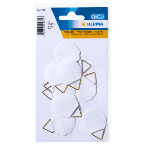 Verpackung mit 10 weißen Aufhängern für Bilder, ausgestattet mit goldenen Haken, geeignet für Gewichte bis zu 800 g.