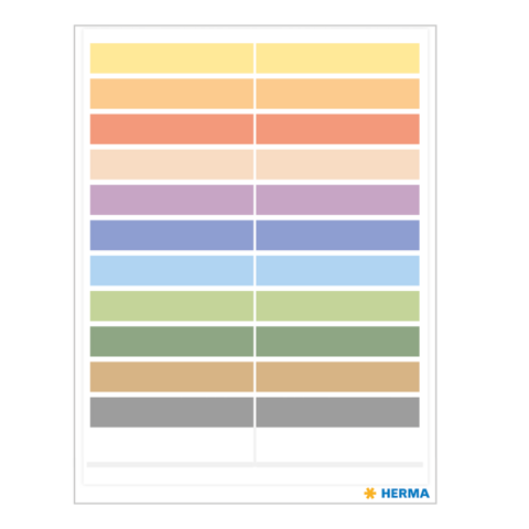 Ein Blatt mit bunten Etiketten in verschiedenen Farben, angeordnet in mehreren Reihen und Spalten.