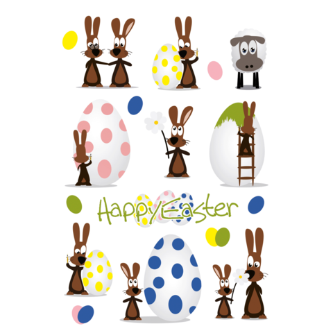 Bunte Ostereier und fröhliche Hasen, die Eier bemalen, umgeben von einem Schaf. Text: "Happy Easter".