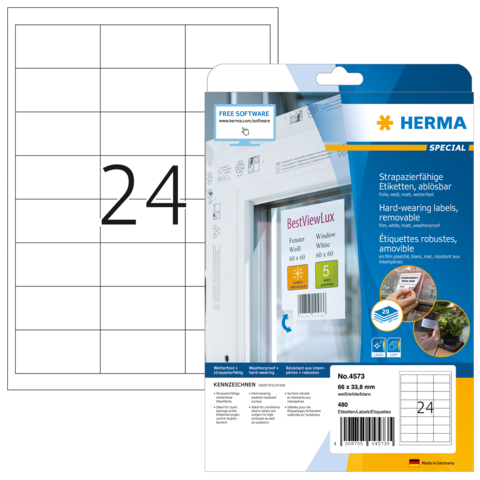Ein Paket mit ablösbaren Etiketten von Herma, mit einer großen Zahl "24" und Informationen zur Verwendung und Software.