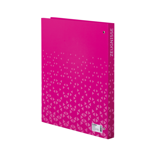 Pink binder with a geometric pattern and the label 'Certificates'.