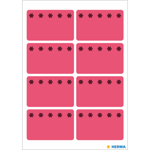 Zehn rosa Etiketten mit schwarzen Blumenmotiven, angeordnet in zwei Spalten und fünf Reihen.
