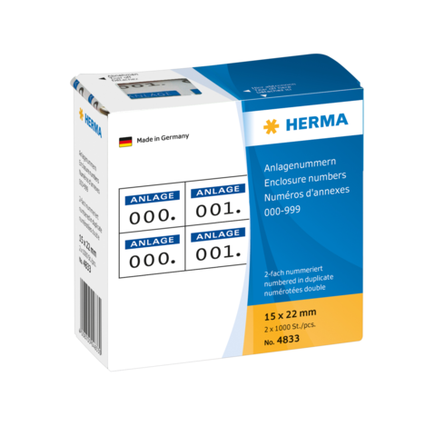 Herma-Anlagenummern, 15 x 22 mm, 2 x 1000 Stück, nummeriert von 000 bis 999, Verpackung in deutscher Sprache.