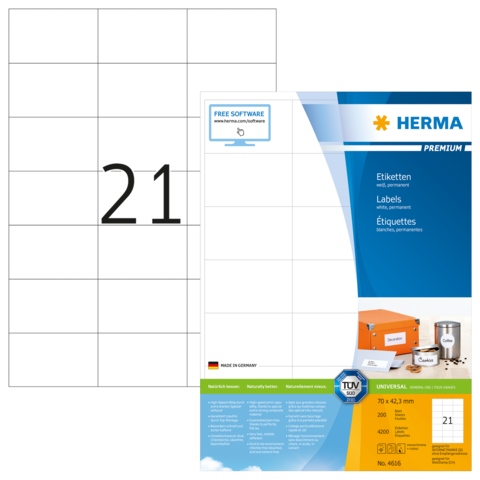 Etikettenblatt mit der Nummer 21, das Informationen zu Etikettenformat und Software enthält. Hersteller: HERMA, Made in Germany.