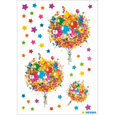 Bunte Luftballons in verschiedenen Größen, umgeben von farbenfrohen Sternen. Ideal für Feierlichkeiten und Feste.