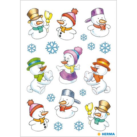 Verschiedene Schneemänner in bunten Hüten und Schals, umgeben von Schneeflocken. Einige halten Accessoires wie eine Karotte oder eine Glocke.