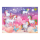 Fünf bunte Einhörner stehen auf Wolken, umgeben von Schmetterlingen und einem lila-pinken Hintergrund mit Sternen.