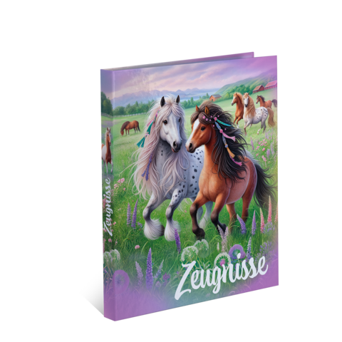 A book cover featuring two horses, one white and one brown, surrounded by a meadow with more horses and colorful flowers. The title reads "Certificates.