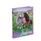 A book cover featuring two horses, one white and one brown, surrounded by a meadow with more horses and colorful flowers. The title reads "Certificates.