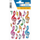 Bunte Musiknoten-Sticker in verschiedenen Formen und Farben auf einem Trägerblatt. Ideal für kreative Projekte oder zum Dekorieren.