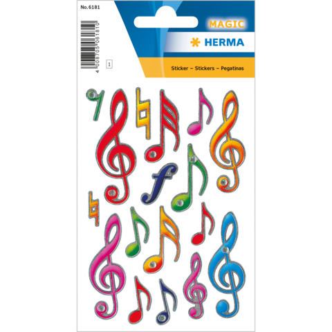 Bunte Musiknoten-Sticker in verschiedenen Formen und Farben auf einem Trägerblatt. Ideal für kreative Projekte oder zum Dekorieren.