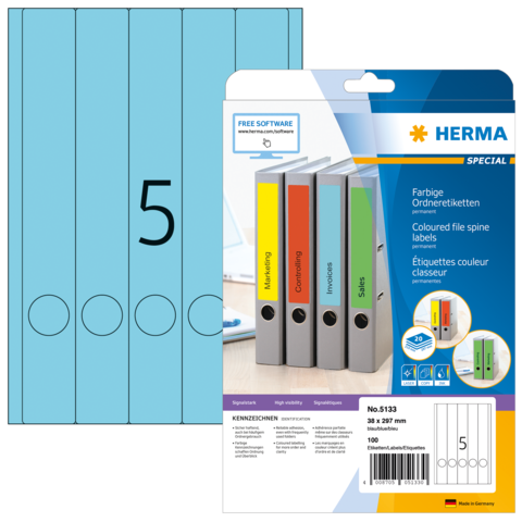 Bunte Ordneretiketten von Herma, geeignet für die Beschriftung von Aktenordnern, mit den Kategorien Marketing, Controlling, Invoice und Sales.