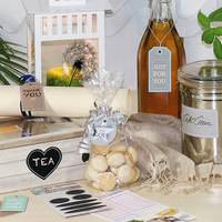 Gift stickers and tags on various packages and jars.