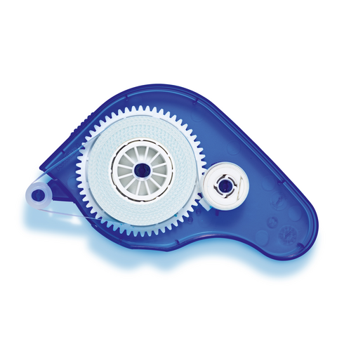 Correction tape in blue packaging, featuring a visible white tape and a mechanism for easy application.