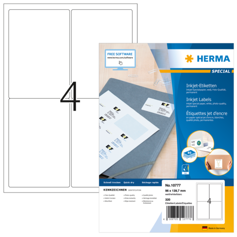 Blatt mit leeren Etiketten für den Druck, verpackt in einer transparenten Hülle. Enthält Informationen zu Software und Produktdetails.