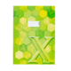 Grünes Notizbuch mit hexagonalem Muster und der Aufschrift "X" auf der Vorderseite. Ein Adressfeld ist ebenfalls vorhanden.